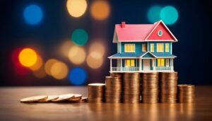 A colorful model house resting atop stacks of coins.